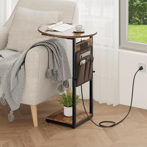 Vagusicc C Shaped End Table with Charging Station, Adjustable Height Side Table for Couch, 32" Tall End Table Small Couch Side Table, Slide Under Sofa TV Tray Snack Arm Tables for Living Room, Brown - color: Rustic Brown, style: Charging Station