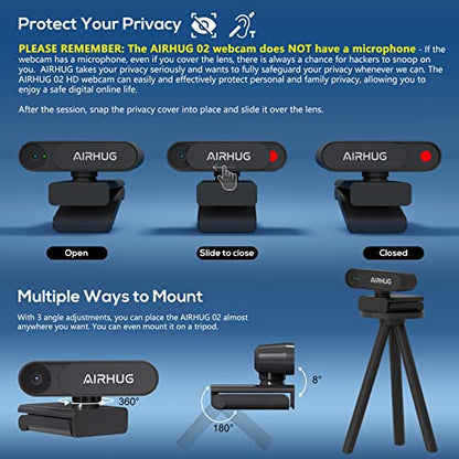 AIRHUG Webcam No Mic with Privacy Cover, USB Web Cam for Computer and Laptop Plug & Play, Web Camera Without Audio, 78° Wide-Angle,for Streaming and Conferencing (2K Webcam No Mic) - style: 2K Webcam No Mic