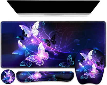 Large Mouse Pad with Wrist Support 4in1 Set, XXL Game Mousepad + Keyboard Wrist Rest+Mouse Wrist Rest+Coaster with Ergonomic Design Gaming Mat for Home Office Table Computer I Purple Butterfly - color: Purple Butterfly