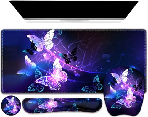 Large Mouse Pad with Wrist Support 4in1 Set, XXL Game Mousepad + Keyboard Wrist Rest+Mouse Wrist Rest+Coaster with Ergonomic Design Gaming Mat for Home Office Table Computer I Purple Butterfly - color: Purple Butterfly