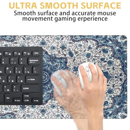 Blue Boho Texture Desk Mat Large Mouse Pad Gaming Mousepad 31.5 x 15.8 in | Desk Pad for Keyboard and Mouse, Large Non-Slip Rubber Base Mousepad Desk Mat with Stitched Edges for Gaming Office - color: Blue Boho Rug Texture