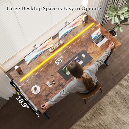 DurayLoly 55" Office Desks with LED Lights,Gaming Writing Work from Home Study Desk with Storage Bag,Home Office Desk with Headphone Hook Sturdy Metal Frame, Rustic Brown - color: Brown, size: 55 Inch