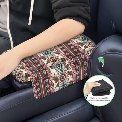 Wanyint Aztec Brown Cow Print Car Center Console Cushion Cover Comfortable Armrest Seat Box Lid with Organizer Pockets Anti-Scratch Arm Rest Covering Suitable for Most Cars SUVs Trucks - color: Aztec Brown Cow Print
