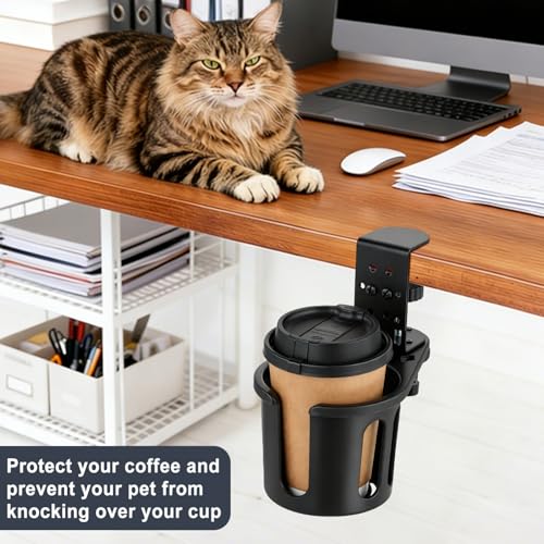 MYITYARD Desk Cup Holder Clamp, Clip On Table Cup Holder, Rotatable Water Bottle Stand Drink Coffee Mug Storage, Office Accessories for Home and School - color: Black-1