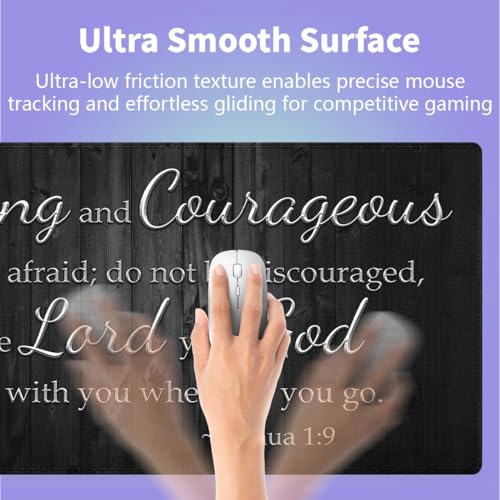 Motivational Large Gaming Mouse Pad (31.5" x 15.8")- Inspirational Bible Verse Scripture Quote Joshua 1:9 Be Strong and Courageous Rustic Black Wood, Stitched Anti-Slip Desk Mat - color: Christian Bible Verse Scriptures
