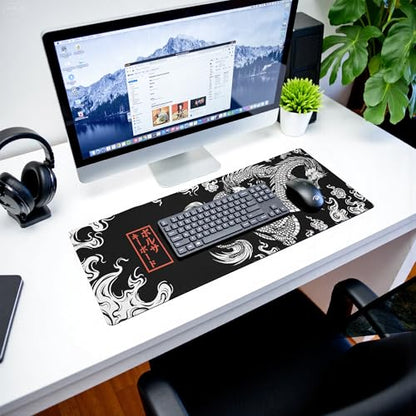 Black and White Mouse Pad Extra Large Gaming Mousepad Dragon Desk Mats Japanese Full Keyboard Mat Computer Pad Desk Mat with Stitched Edges Non-Slip Desktop 31.5 x11.8 in - color: Dragon