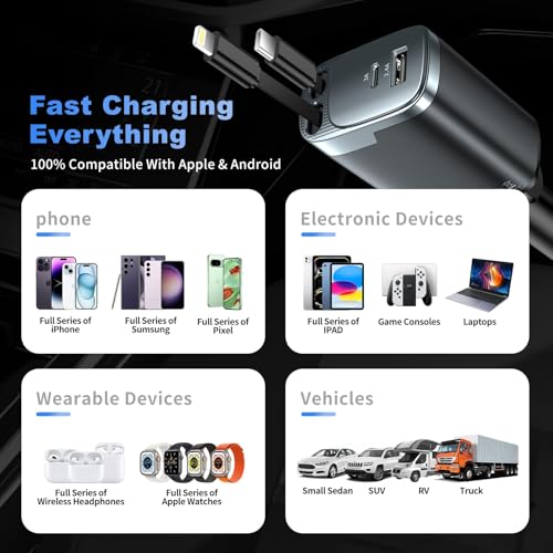 Retractable Car Charger, 4 in 1 Car Charger USB C Fast Charge, Cigarette Lighter USB Charger, Travel Essentials Car Accessories Gifts for Men Women for iPhone 17 16 15 14 13 12 Pro Max, Samsung