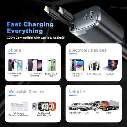 Retractable Car Charger, 4 in 1 Car Charger USB C Fast Charge, Cigarette Lighter USB Charger, Travel Essentials Car Accessories Gifts for Men Women for iPhone 17 16 15 14 13 12 Pro Max, Samsung