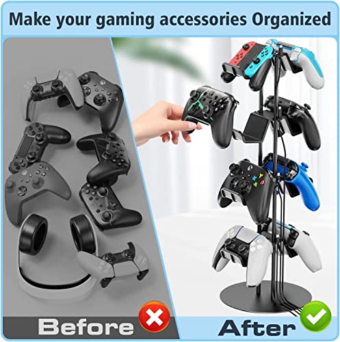 Kytok Controller Stand 4 Tiers with Cable Organizer for Desk, Universal Headphone Stand Compatible with Xbox PS5 PS4 Console Nintendo Switch, Headset Holder & Desk Mounts for 8 Packs Controller - size: 4 tiers+black