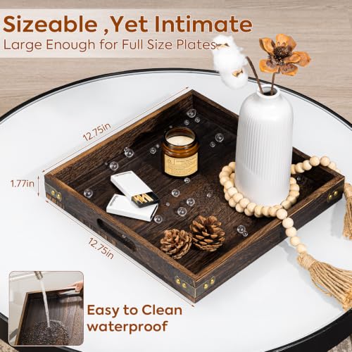 Serving Tray with Handles,12.75"*12.75"Wood Decorative Tray for Living Room,Modern Coffee Table Tray,Square Large Serving Platters for Home Decor,Ottoman,Bed,Kitchen,Bathroom, Breakfast,Bar - size: 13" x 13" x 1.8"