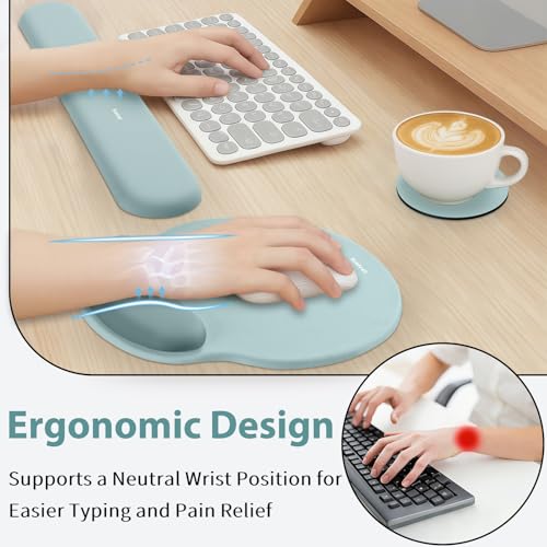 Sushret Mouse Pad and Keyboard Wrist Rest, 3-in-1 Gel Memory Foam Ergonomic Mouse Pad with Wrist Rest Set, Gaming Mousepad Arm Cushion Support for Computer Office Desk Accessories Cute, Seafoam Blue - color: Seafoam Blue