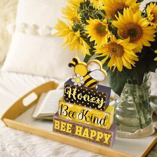 Britimes 4 Pcs Bee Wooden Tiered Tray Decor Set, Bumble Bee Table Decor Spring Daisy Honey Farmhouse Rustic Wooden Summer Coffee Table Centerpieces for Home kitchen Office Decorations - style: Bee