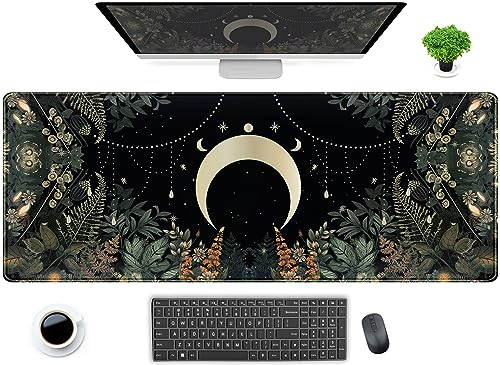 Cute Green Forest Leaves Desk Mat Whimsical Moon Mousepad XL Large Extended Gaming Mouse Pad with Stitched Edges, Computer Laptop Keyboard Mouse Mat Desk Pad 31.5x11.8 in Non-Slip Rubber Base - color: Green Forest Whimsical Moon, size: 31.5" x 11.8"