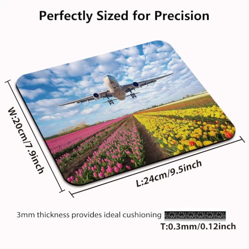 Airplane Flying Over Garden Mouse Pad, Spring Tulip Field Nature Desk Mat | Flowers Scenery Landscape, Anti-Slip Rubber Base, Silky Smooth Surface, Cute Office/Gaming Mousepad - color: Color_CNa