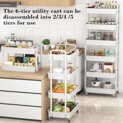 Sywhitta 6-Tier Plastic Rolling Utility Cart with Handle, Multi-Functional Storage Trolley for Office, Living Room, Kitchen, Movable Storage Organizer with Wheels, White - color: White, size: 6-tier