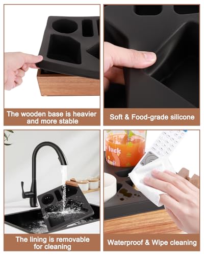 Couch Cup Holder Tray, Silicone Acacia Wooden Couch Caddy with Cup Holder for Snacks, Drinks, Remotes, Waterproof Cup Holder for Couch, Organizer, Movie Night Snack Trays - color: Black