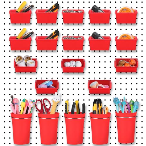 Yookeer 20 Pcs Pegboard Bins and Cups with Hooks and Loops Peg Assortment Organizer Accessories Various Tool Organizer Pegboard Baskets Set for Garage Workshop Workbench Office(Red) - color: Red