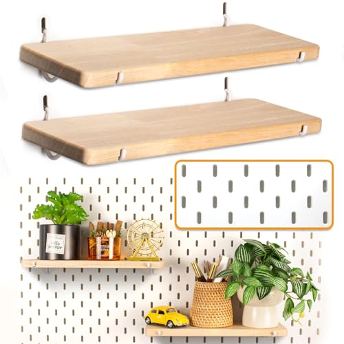 2 Pack Pegboard Shelves, Solid Wood Wall Shelf with Hooks, Compatible with IKEA Skadis Pegboard, Organizer Accessories for Home & Office