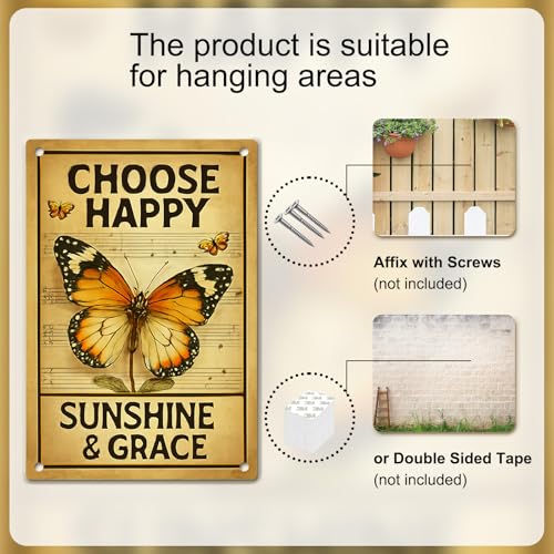 Motivational Wall Decor Metal Sign – Inspirational Butterfly Wall Art, Vintage Tin Sign with “Choose Happy” Quote – Rustic Farmhouse Butterfly Wall Decor for Bedroom, Living Room, or Country Home - color: Butterfly ZM05