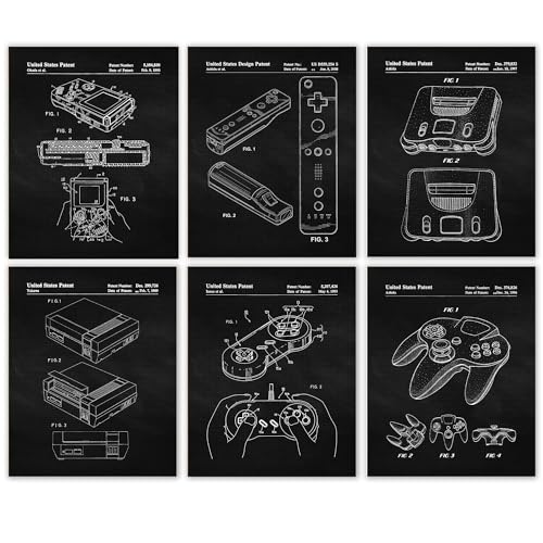 Classic Video Game Console Controller Patent Prints, 6 (8x10) Unframed Photos, Wall Art Decor for Home Work Office Studio Tech Lounge Robotics Gears Online Battle Royales Gaming Shop School Student Teacher - color: Black