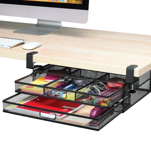 Homeify Under Desk Drawer Organizer Clamp-On, Mesh Metal Drawer Attachment, 2 Drawer Slide Out, On Or Under Desk Organizer For Office Supplies & Home Essentials (2 Drawers) - size: 2 Drawers