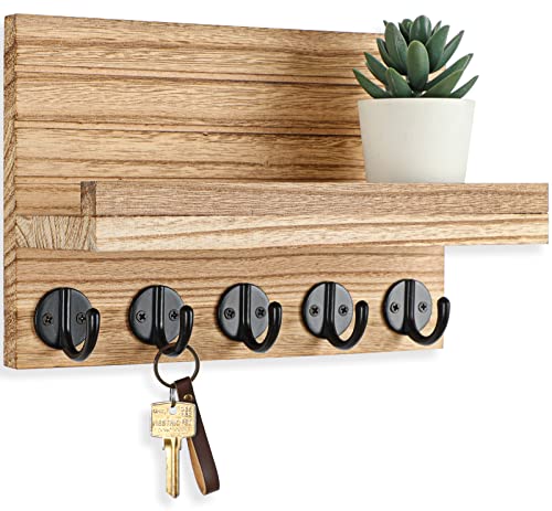Lwenki Key Holder for Wall, Decorative Key and Mail Holder with Shelf Has Large Key Hooks for Bags, Coats – Paulownia Wood Key Hanger with Mounting Hardware (9.8”W x 6.7”H x 4.2”D) (Burnt Wood) - color: Burnt wood