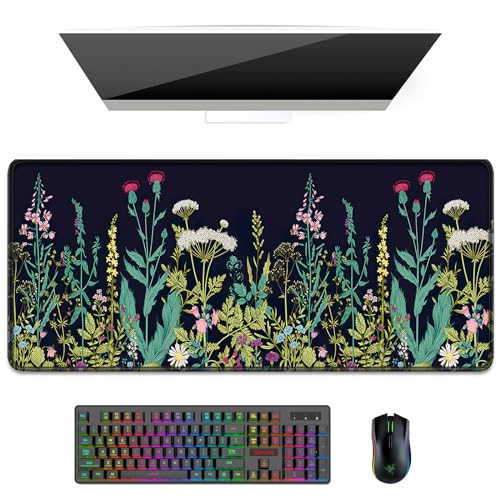 Auhoahsil Desk Pad, XL Extended Large Gaming Mouse Pad 31.5 x 11.8 Inch, Waterproof Mousepad with Stitched Edges, Non-Slip Computer Keyboard Laptop Mat for Women Men Office Work, Silent Night Flowers - color: 04 Wildflowers Night, size: XL - 11.8 x 31.5 I