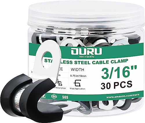 OURU 30pcs 3/16 Inch Cable Clamp,304 Stainless Steel Rubber Coated Cushioned Insulated Cable Clamps-Metal Wire Clamps,Pipe Clamps for Tube,Lines(Black,5mm) - size: 30pcs - 3/16"