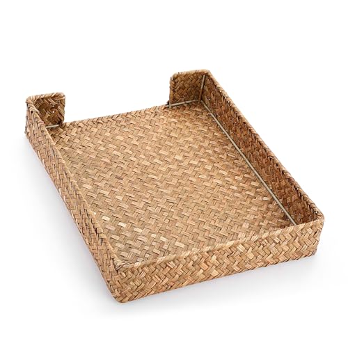 BTSKY Multipurpose A4 File Tray Natural Seagrass Desk Tray Organizer Woven Letter Size Desk Documents Trays Magazine Files Storage Basket Organizer Bin for Office Cosmetics Bathroom, Caramel