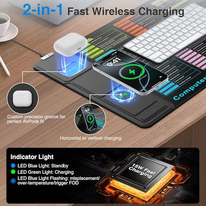 Wireless Charging Mouse Pad with Foldable Phone Holder, 31.5"x15.8" XXL Excel Cheat Sheet Desk Mat for Laptop/Keyboard, Waterproof Ultra-Smooth Surface, Non-Slip Base - color: Black-31.5"x15.8"-Excel Shortcuts-Phone Holder
