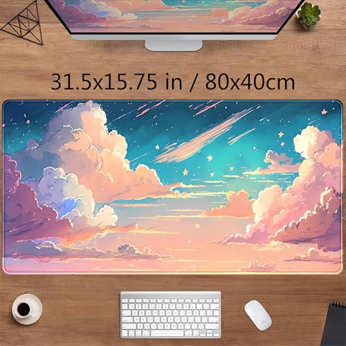 Cool Pink Desk Mat Pastel Clouds Large XXL Gaming Mouse Pad Non-Slip Rubber Base Mousepad, Office Desktop Decor Desk Pad, Computer Laptop Keyboard and Mouse Mat with Stitched Edges, 31.5x15.75 in - color: Pastel Pink Clouds