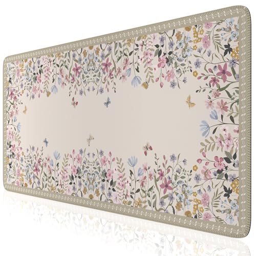 iCasso Floral Desk Mat for Keyboard and Mouse,Cute Gaming Mouse Pad XXL,Anti-Slip Desk Matt for Desktop,Soft Lycra Surface Computer Mat Women,Girly Big Mousepad for Home Office (Beige) - color: Beige
