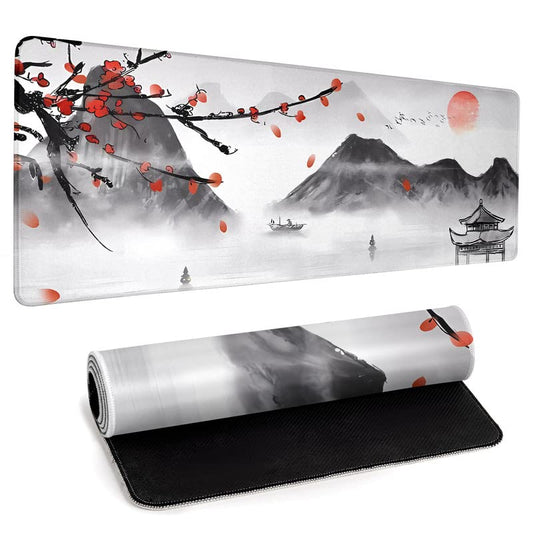 Japanese Cherry Blossom Gaming Mouse Pad Large Desk Mat,Big Desk Pad with Stitched Edge Non-Slip Rubber Base,Office Decor Organizers and Accessories - color: Ink Painting Cherry Blossom