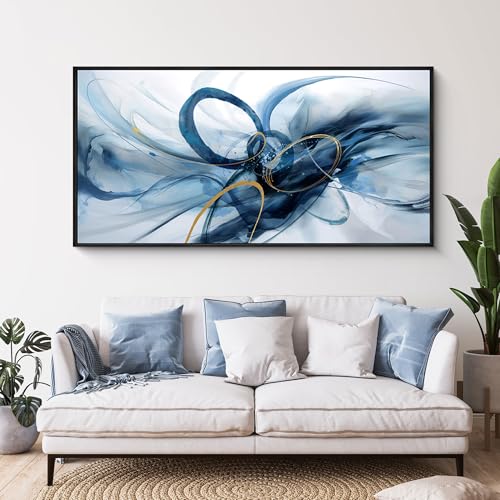 XLSJERST Frame Wall Art - Blue and White Picture for Living Room Modern Abstract Canvas Wall Decor Artwork for Office Bedroom Home Decoration - color: Blue and white and gold+Black Frame, size: 24x48 inches