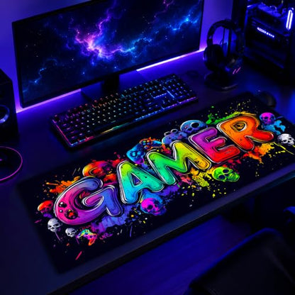 Gamer Blacklight Mouse Pad – UV Reactive Neon Gaming Desk Mat with Skull Design, Waterproof Extended Large Mousepad with Non-Slip Rubber Base for Computer Keyboard – 31.5" x 11.8" - color: Gamer B