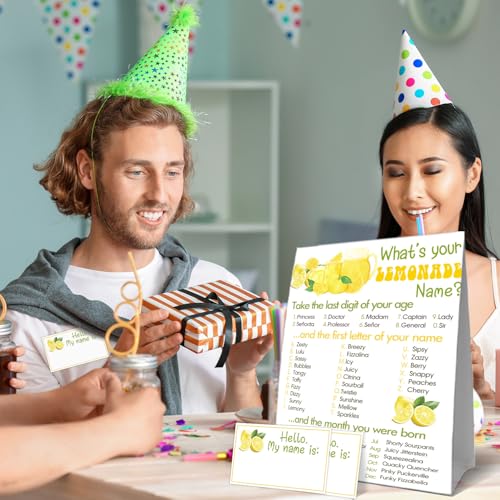 Funny Lemonades Games Sign Cards Set, What's Your Lemonades Name Game Card, Lemonade Party Game Cards, 1 Lemonade Name Sign, 30 Lemon Name Sticker Card, Birthday Party Games Decoration for Boys Girls - style: Lemonades