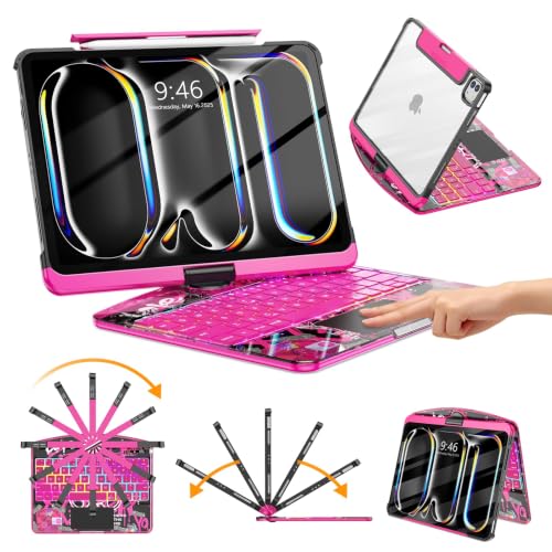 TSQQST Clear Wireless Keyboard Case for iPad Pro 11 Inch (M5/M4) 2025/2024 with Pencil Holder & Multi-Touch Trackpad, Visible PCB, 3-Brightness & 7-Color Backlight, 360° Rotating Stand, Pink - color: Clear+Pink, size: Pro11 M5/M4