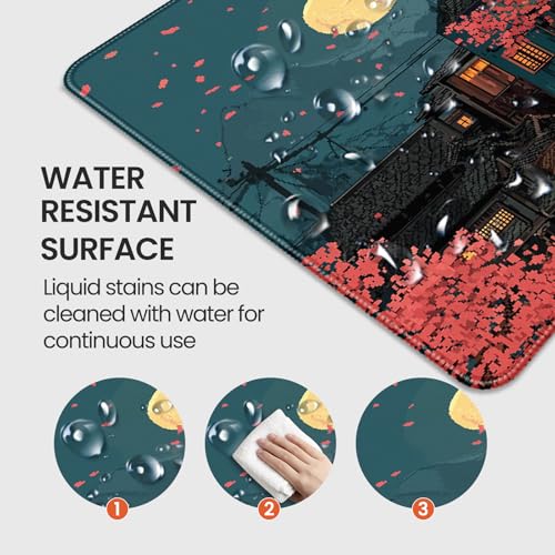 Japanese Anime Cherry Blossom Night Scene Mouse Pad, XXL Extended 35.4 x 15.7 Inch Desk Mat, Non-Slip Rubber Base, Microfiber Cloth Surface, Game Table mat - color: Japanese-style Night Scene Design