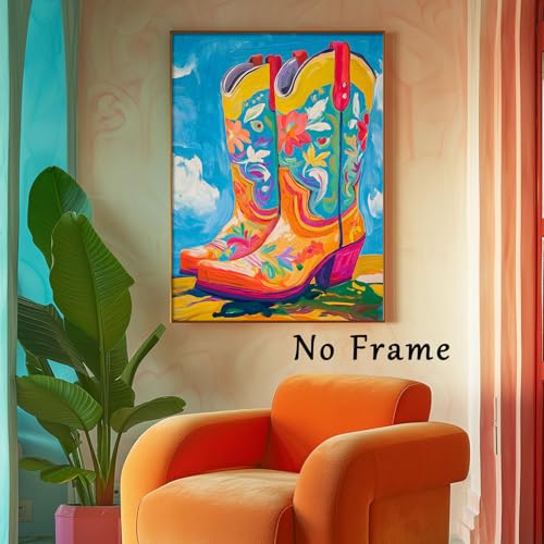 Cowgirl Boot Canvas Wall Art Trendy Western Poster Cowboy Boots Painting Preppy Aesthetic Pictures Abstract Print Cowgirl Boot Artwork Colorful Poster Western Cowboy Wall Art Prints 16x24inch No Frame - color: D1Unframed