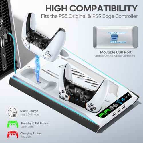 Rysker PS-5/Slim/Pro Stand for Disc & Digital Version, PS-5 Cooling Station with RGB Ambient Lighting, Controller Charger Built-in 3 Level Fan, PS-5 Cooling Stand for PlayStation 5 Case - color: White & Black