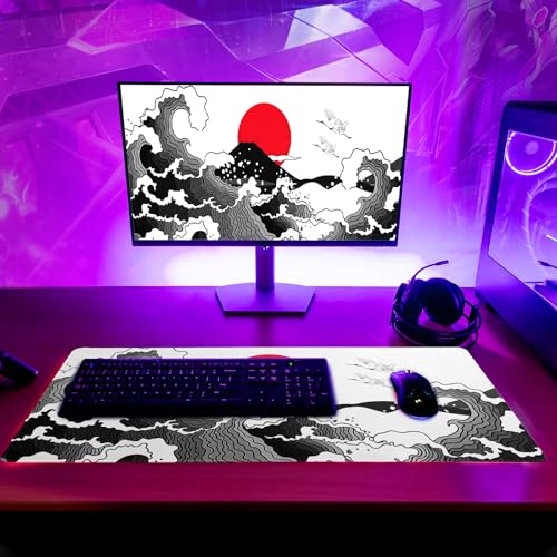 Japanese Red and Black Wave Gaming Mouse Pad Extended Large Mouse Mat Desk Pad Sea Texture Non-Slip Rubber Base Wave Mousepad Stitched Edges Keyboard Desk Pad for Office Home Game 27.6x11.8 Inch - color: Japanese Red and Black Wave