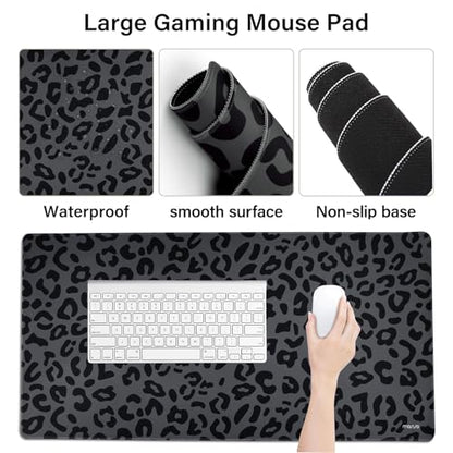MOSISO Wrist Rest Support for Mouse Pad&Keyboard Set, Ergonomic Large Leopard Grain Desk Mat&Coaster Set, Non-Slip Mousepad&Pain Relief&Easy Typing Cushion with Memory Foam for Home Office, Black