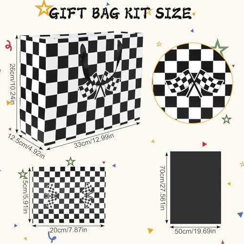 Black and White Checkered Road Party Gift Bags with Greeting Cards Tissue Papers Games Goodie Bags Gift Packaging Storage for Race Car Themed Birthday - color: Themed 6