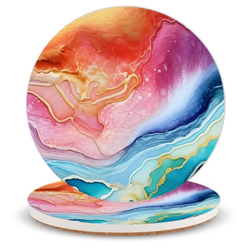 Marble Colorful Ceramic Coasters of 2 with Cork Backing Absorbent Coaster | Non-Slip Coasters for Drinks and Coffee Table Office Desk Home Decor, Gifts for Marble Lovers, Mom, Friends - color: Marble Colorful