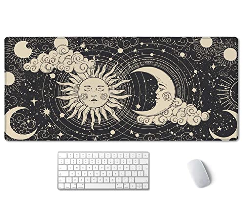 SSOIU Astrology Sun with Moon Mouse Pad 35.5 X 15.7 Inch XXL Black Full Desk Mousepad Extended Large Non-Slip Rubber Base Waterproof Big Keyboard Mat with Stitched Edges for Gaming and Office - color: Astrology Sun With Moon