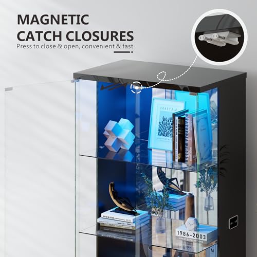 Lvifur 71” Glass Display Cabinet with Lights, Modern Curio Cabinet Display Cases for Collectibles, Locking Cabinet with Shelves & Drawers, Tall Bookcase with Human Body Sensor for Living Room (Black) - color: Black-71"