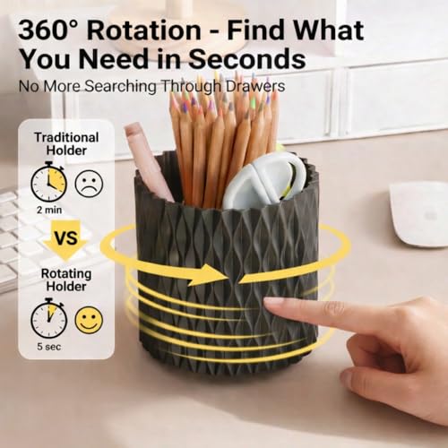 Black Pen Holder for Desk, 360° Rotating Pencil Organizer, 5 Slots | Spinning multi-use organizer for pens, makeup brushes, art supplies, markers - desk caddy for office - color: Black - 5 Slots