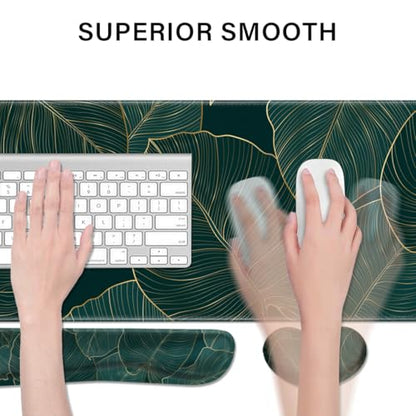 Desk Pad and Keyboard Wrist Rest, Large Mouse Pad + Keyboard Pad+Mouse Wrist Support, Non-Slip Desk Mat Protector for Office, Home 31.5×11.8 Inches Plant Leaves - color: Plant Leaves
