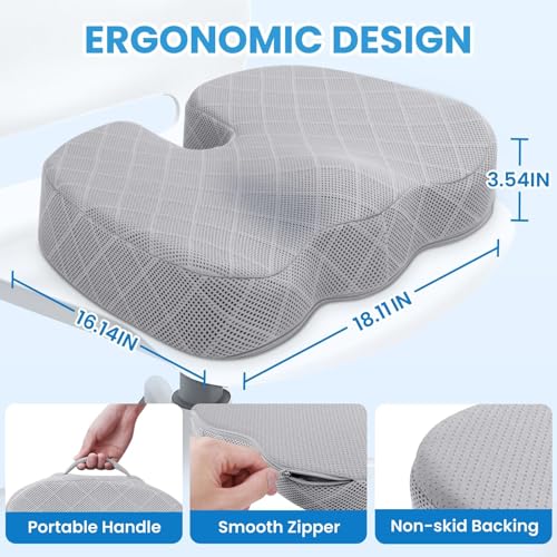 TushGuard Office/Car Seat Cushion, Non-Slip Sciatica & Back Coccyx Tailbone Pain Relief Chair Pad, Memory Foam Butt Pillow for Computer Desk, Wheelchair, Driving (Light Grey, X-Large) - color: Light Grey, size: X-Large