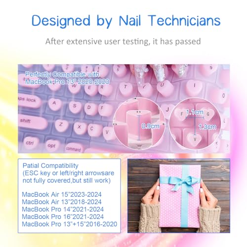 Keyboard Cover for Long Nails Compatible with MacBook Pro 13 inch M2 2023, 2022, 2021 2020 M1 A2338 A2289 A2251&Compatible with MacBook Pro 16 2020 2019 A2141 Touch ID, US ANSI (Pink & Heart) - color: Pink